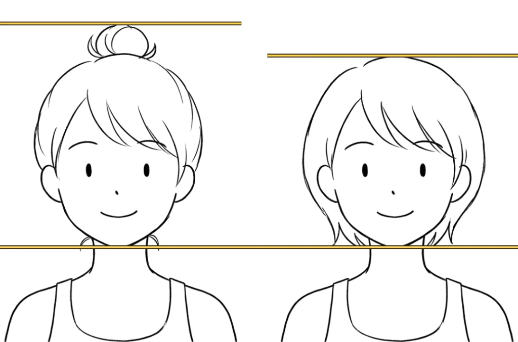 頭の上でお団子に結んだ顔と、髪を下ろした顔を並べ、それぞれの頭のてっぺんとあごに線を引いた図